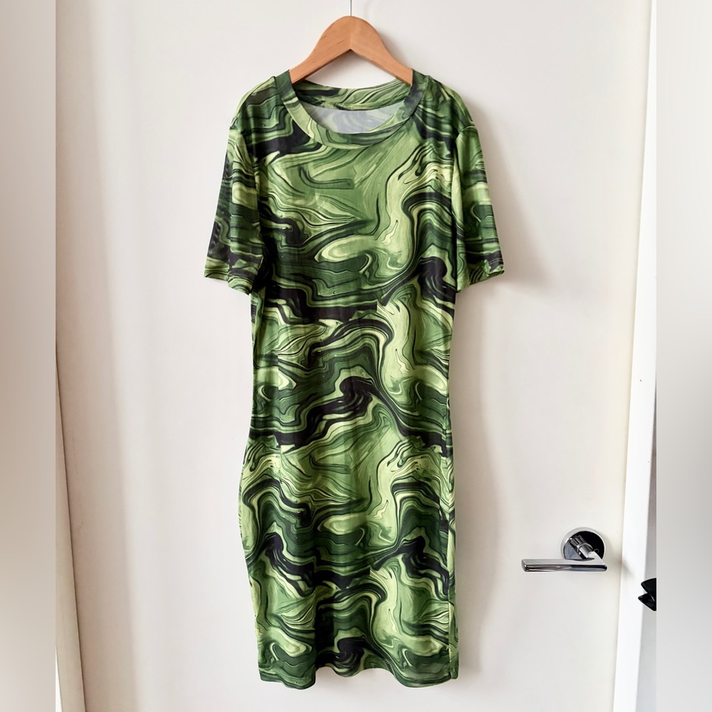 Green Marble Pattern Sheer Mini Dress